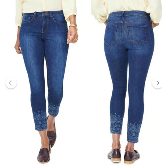 NYDJ Skinny Ankle Jeans 14 Ikat Floral Print Hem In Indigo Dark Wash Boho Casual - Picture 3 of 15